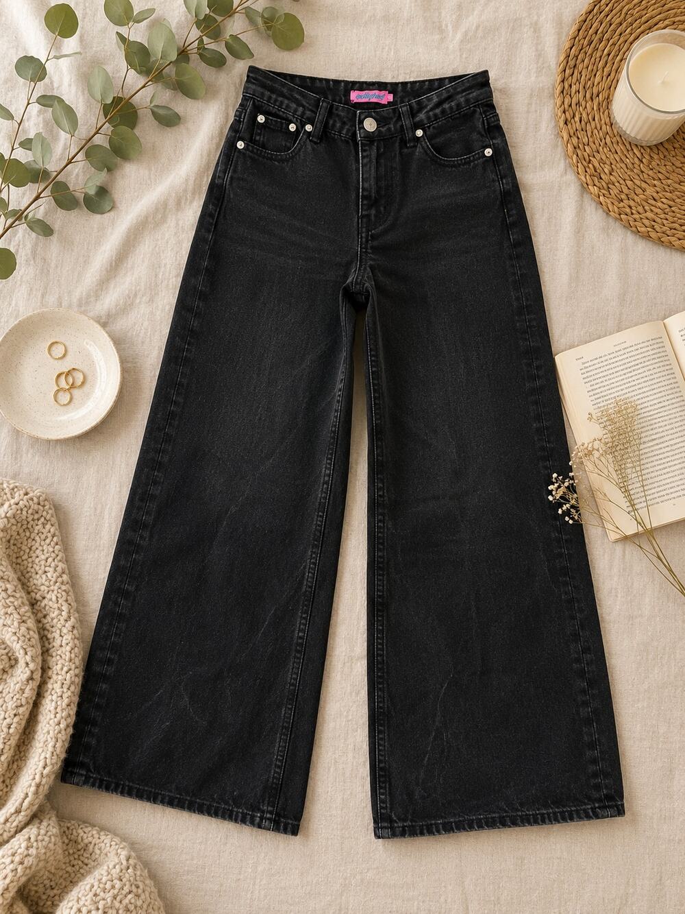 Edikted Black High Rise Wide Leg Jeans Y2K Baggy Denim Grunge Streetwear Size S